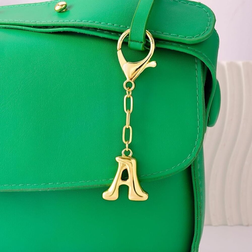 Gold Bubble Initial Keychain Charm for Women Bag Purse Accessories A-Z Key Chain